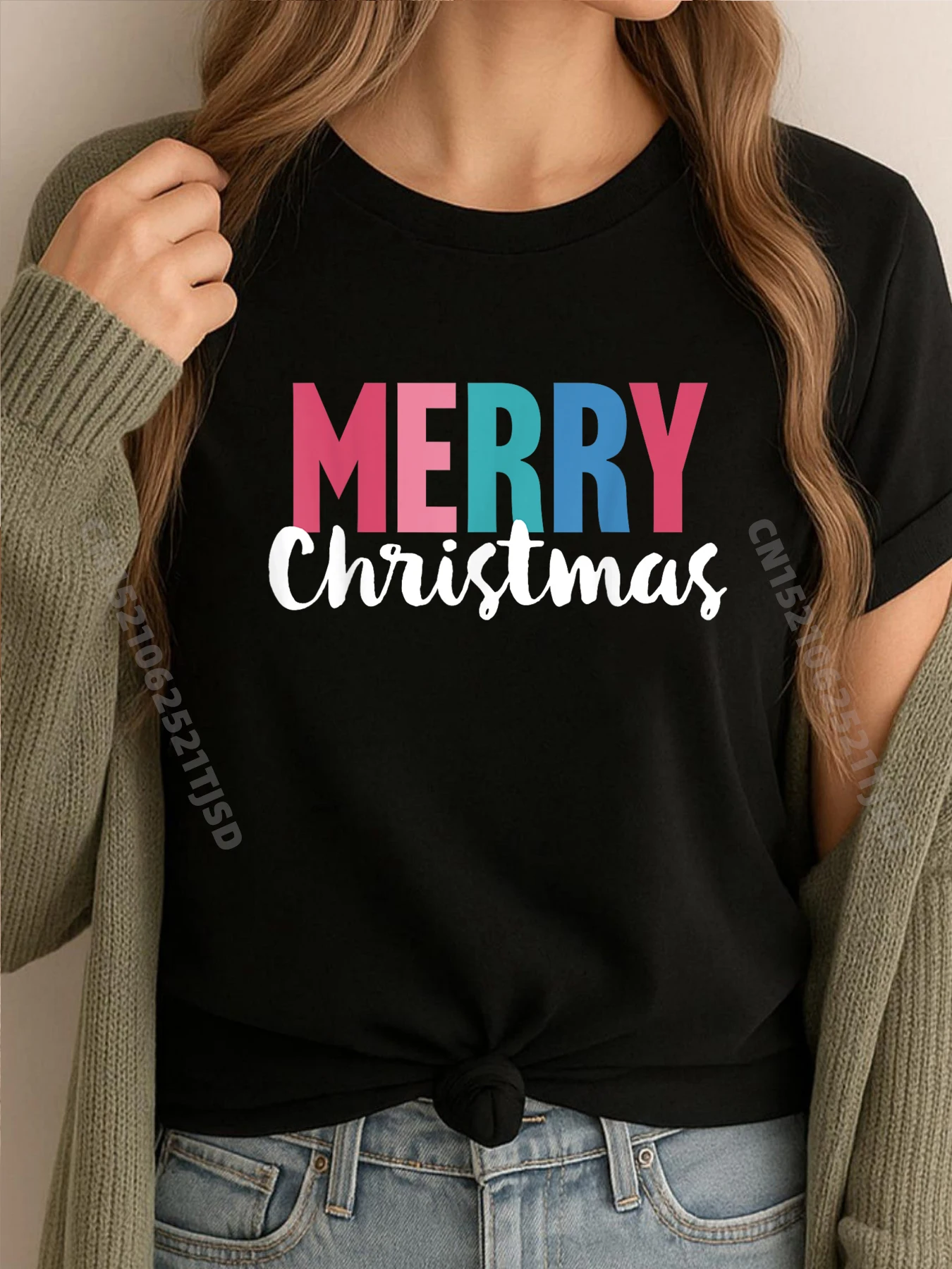 

Merry Christmas Woman Cool Letter Print Xmas Designer T Shirt Cheap Tee Shirt for Woman