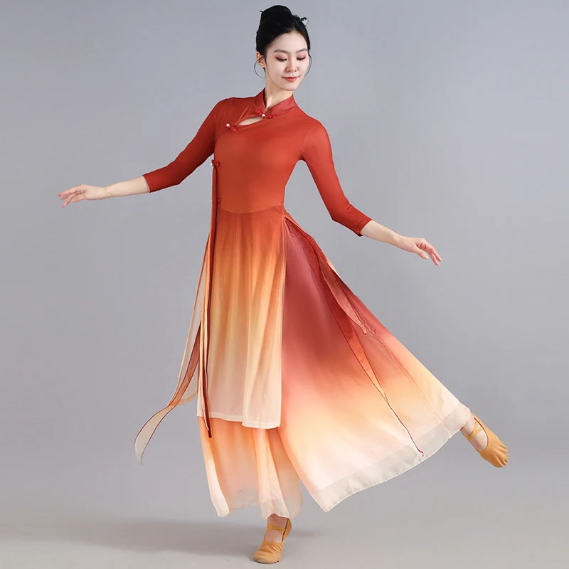 古典舞踊のガーゼ衣装、エレガントな中国風チャイナドレスと扇子舞のドレス、新しいスタイルの女性用スーツ