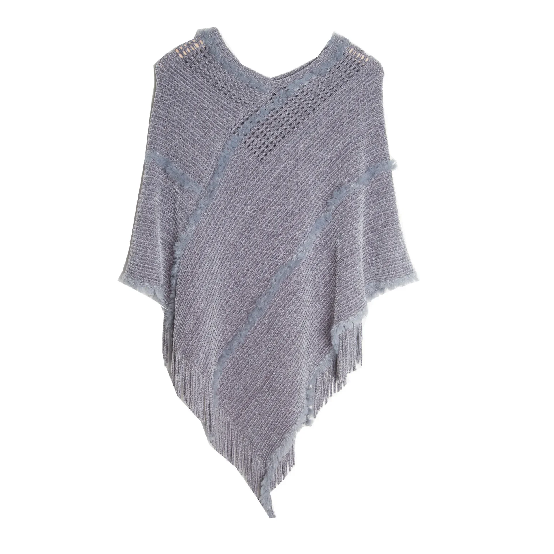 Spring Autumn Pullover Shawl Knitwear Hollow Knitting Tassel Shawl Women Poncho Lady Capes Gray Cloaks