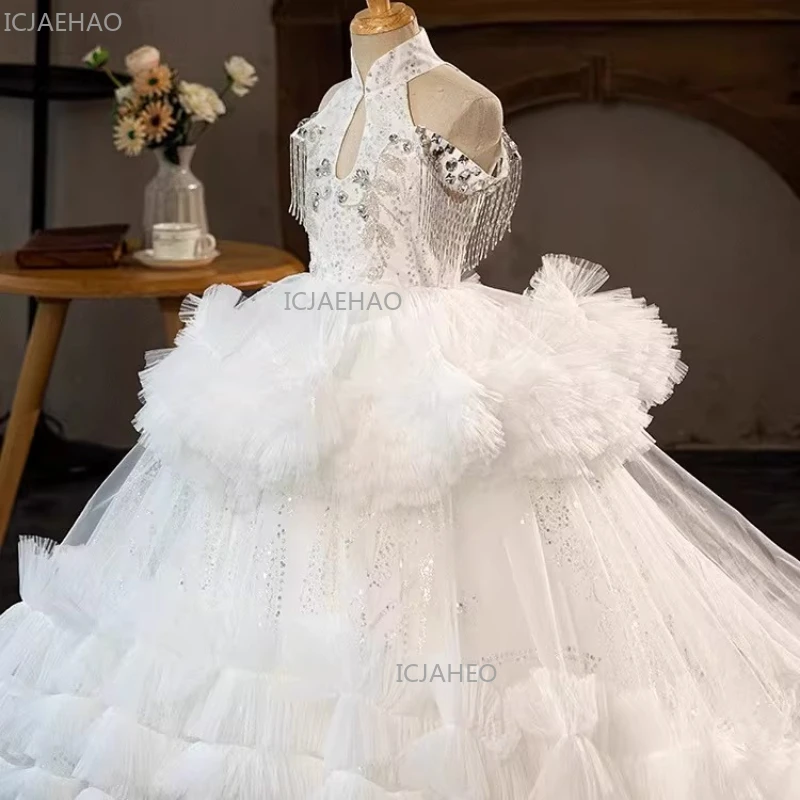

White Princess Dress for Girls Birthday Puffy Tulle Evening Traditional Cheongsam Performance Gown Long Pageant Dress Childrens