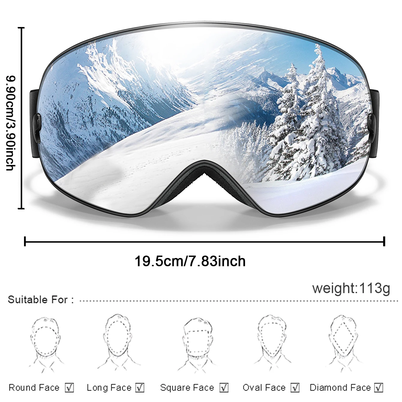 Ourdoor Sports Eyewear Teen Men Women Ski Goggles-Anti-fog UV400  Christmas and New Year Gift Free Black Lens and Optical Frame