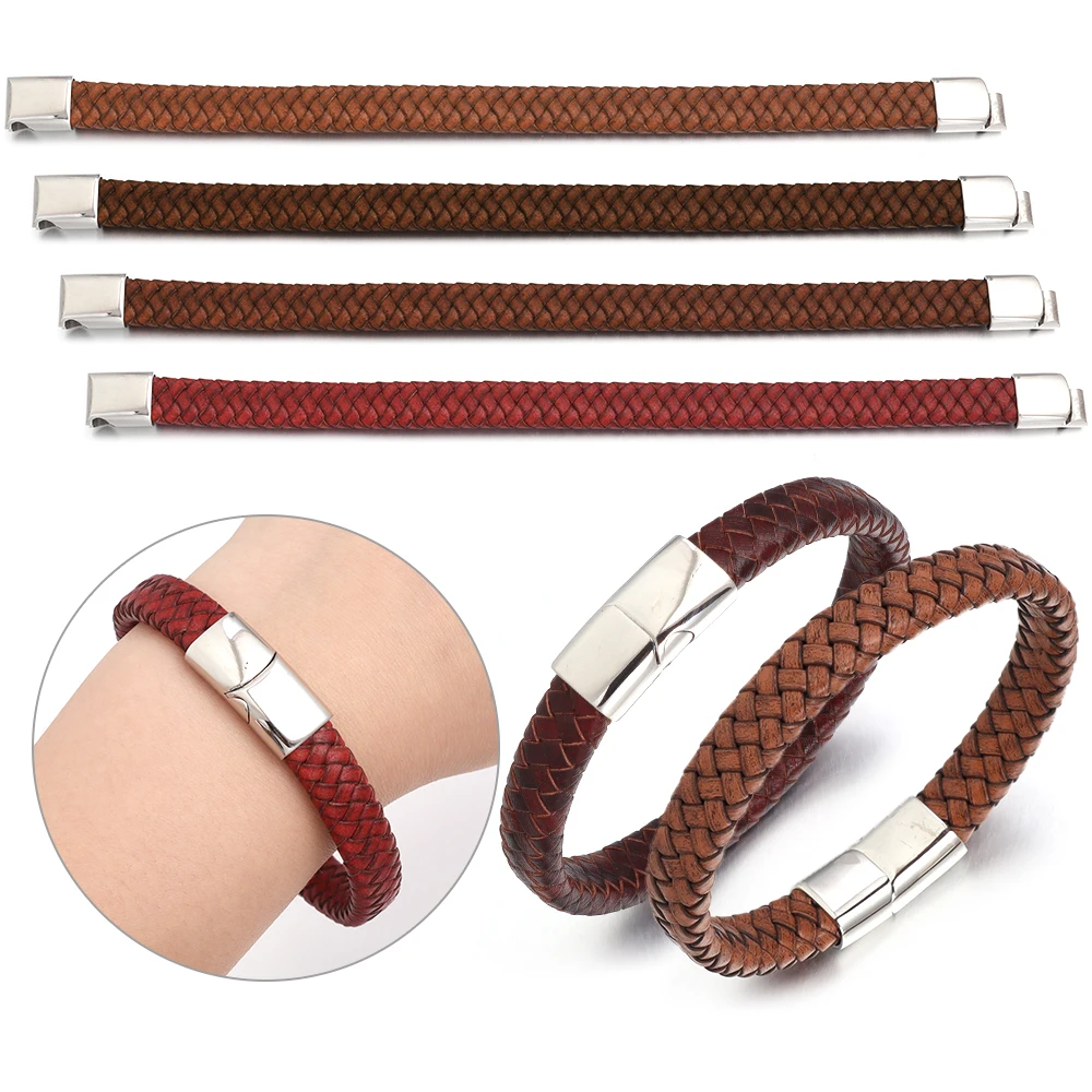 1pc 20g 18.5/20.5/22cm Wine Red Leather Rope Stainless Steel Magnetic Buckle Vintage Leather Bracelet For Men Women Jewelry Gift