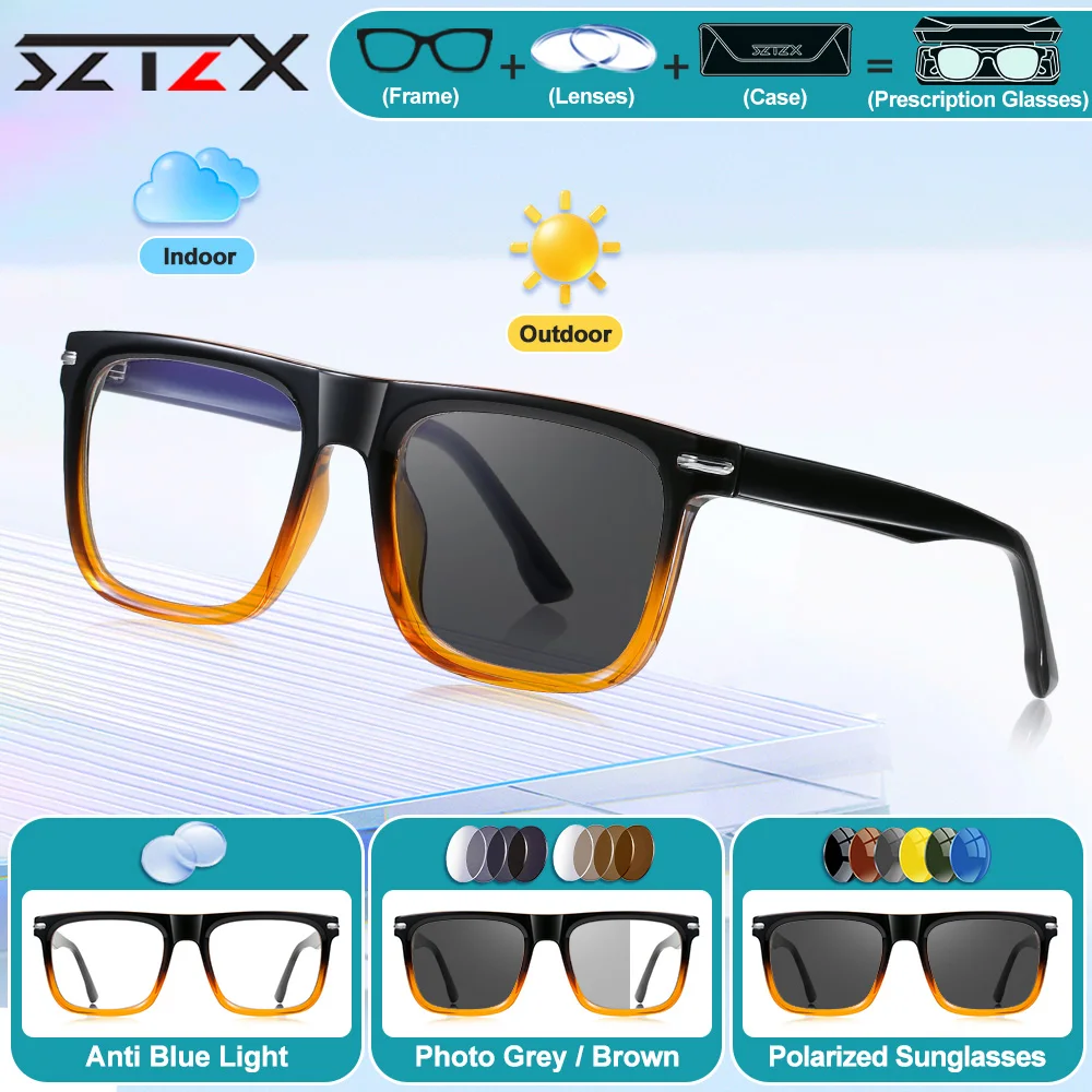 

SZTZX Men Business Square Frame Design Myopia Prescription Reading Glasses Everyday Wear Anti Blue Light Photochromic Eyeglasses