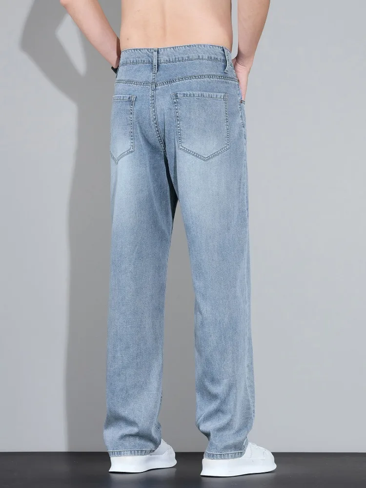 Lyocell Ice Silk Jeans Men's Fashion Korean Ultra-Thin Denim Pants Soft Drape Comfortable Business Straight Casual Trousers