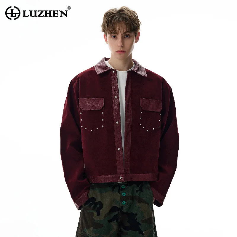 

LUZHEN High Quality Leather Splicing Neck Pockets Decorate Casual Jacket Men's 2025 Autumn Fashion Elegant Handsome Coat JY4098