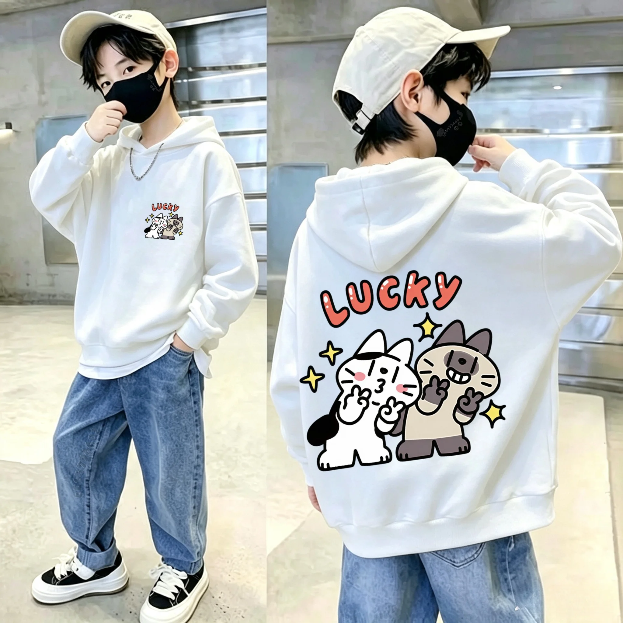 Latest model Cute Lucky Cartoon Double Cat Pattern Printed Children's Hooded Sweatshirt - Boys' and Girls' Pullover Sweater