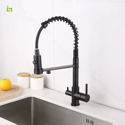 Water Purification Kitchen Faucet Black Hot and Cold Rotating Pull Out Brass Material Sink Mixer Drinking and Washing Tap