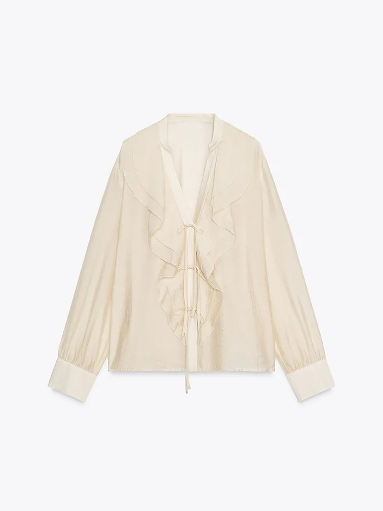 قميص نسائي جديد لخريف 2025 بياقة على شكل V وأكمام طويلة مع عقدة فراشة زخرفية، تصميم فضفاض مريح وقابل للتنفس وصديق للبشرة