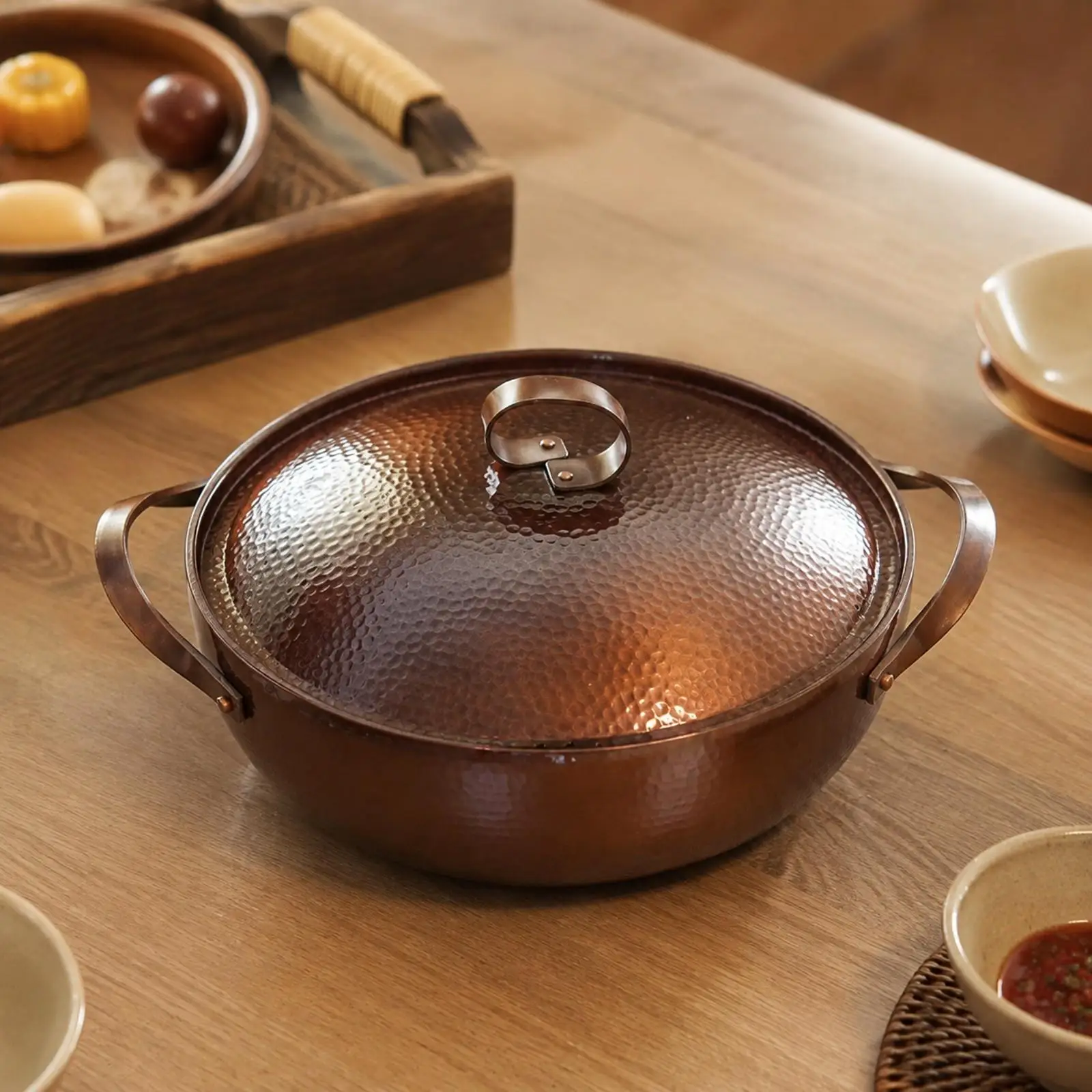 Traditional Copper Cooking Pot with Lid for Family Hot Pot Outdoor Boiling Stew Camping Meal Cookware