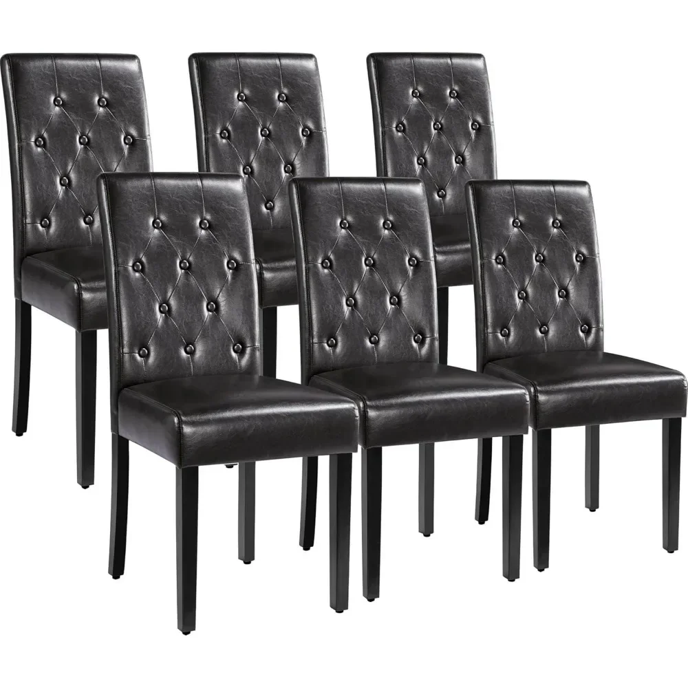 A set of 6 dining chairs with faux leather surface and rubber wooden legs, modern quilted side chairs, suitable for restaurants