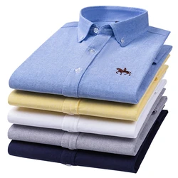 Quality 100% Cotton Oxford Shirt Men's Long Sleeve Embroidered Horse Casual Without Pocket Solid Yellow Dress Shirts Men 5XL 6XL