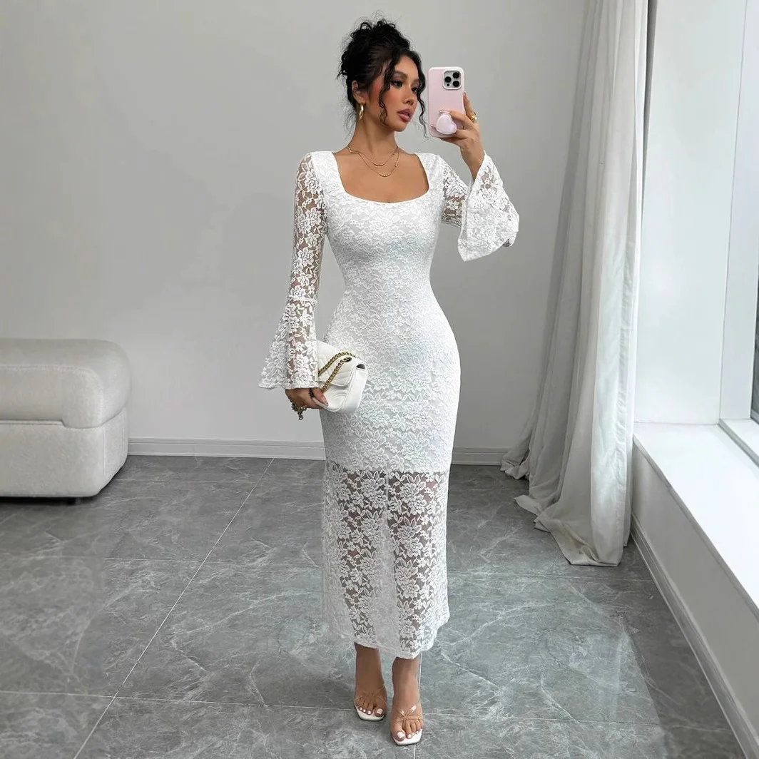 Female Clothing Womens Dresses Style Square Neck Long Sleeves Lace Bell Sleeves Slim Fit Slit Elegant Temperament Commuter Dress