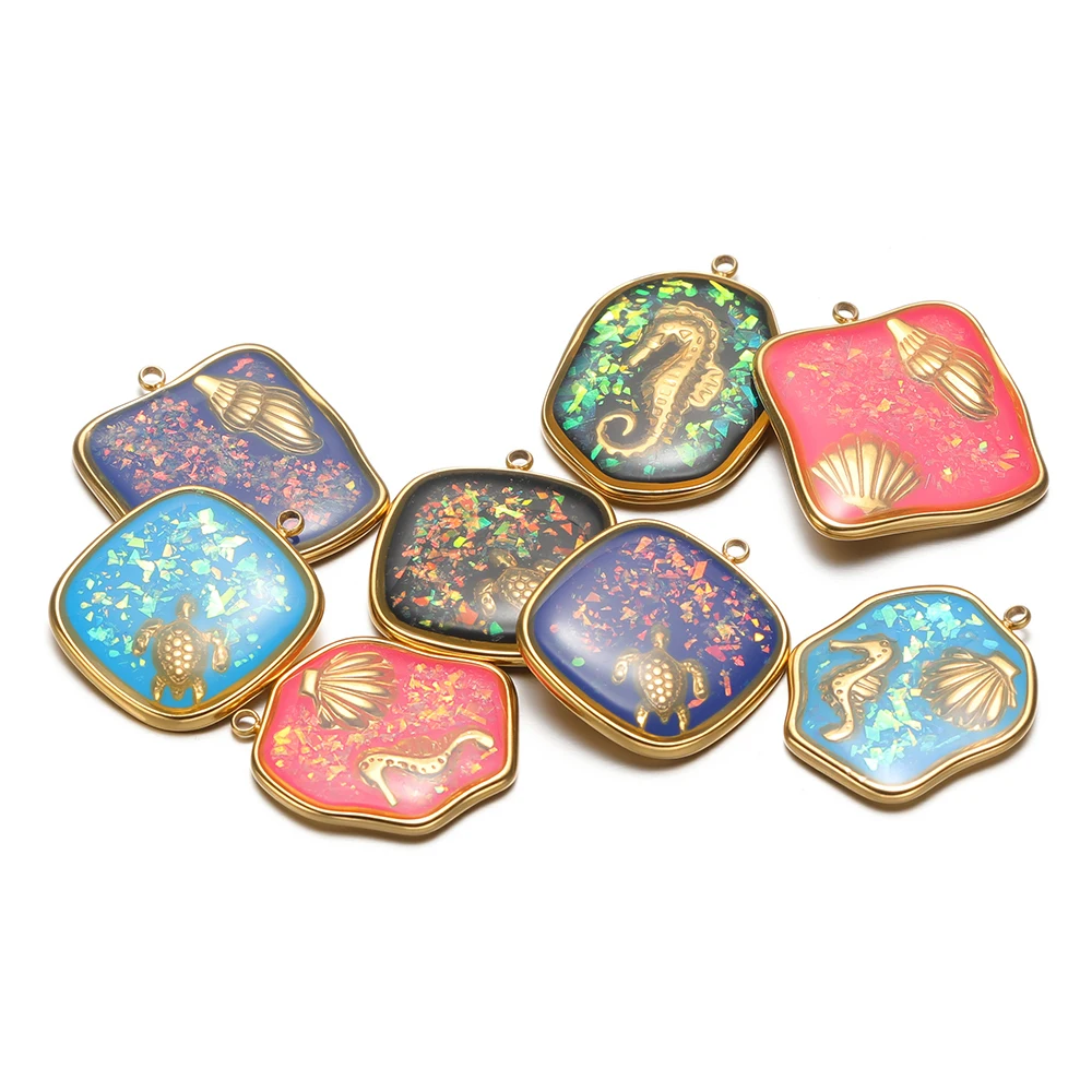 4Pcs Stainless Steel Irregular Square Oval Charms Enamel Ocean Series Pendants for DIY Jewelry Making Bracelet Necklace Material