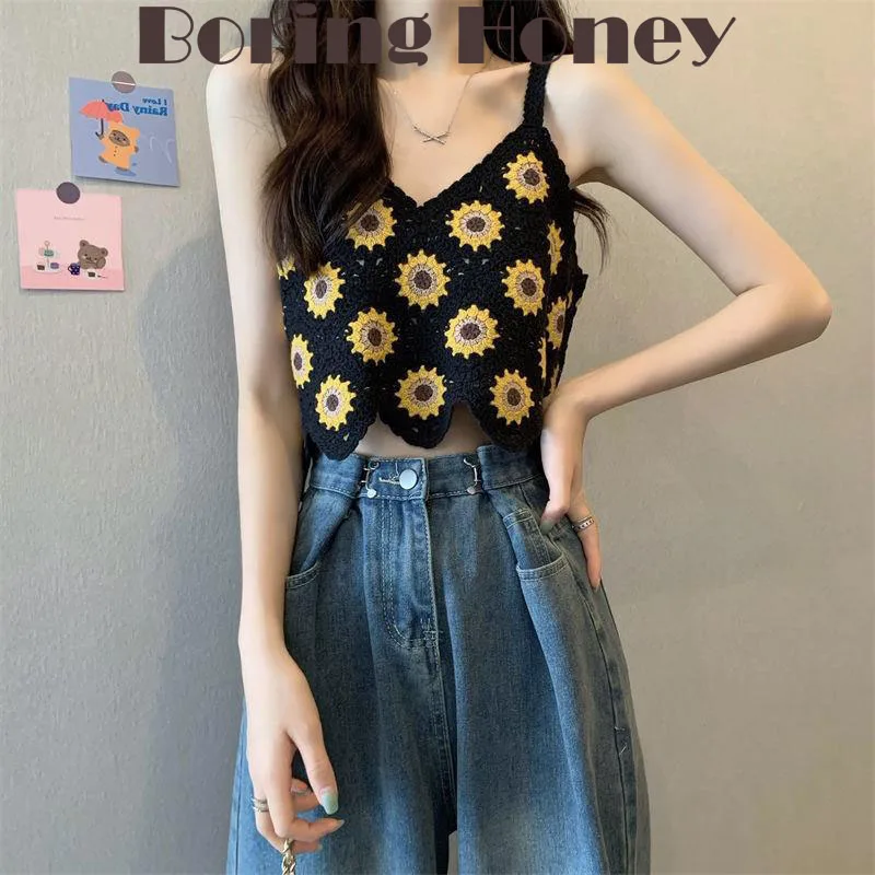 

Boring Honey Retro Suspender Vest Female Summer Wear Floral High Waist Short Crop Top Fashion Sun Flower All-Match Tops Women