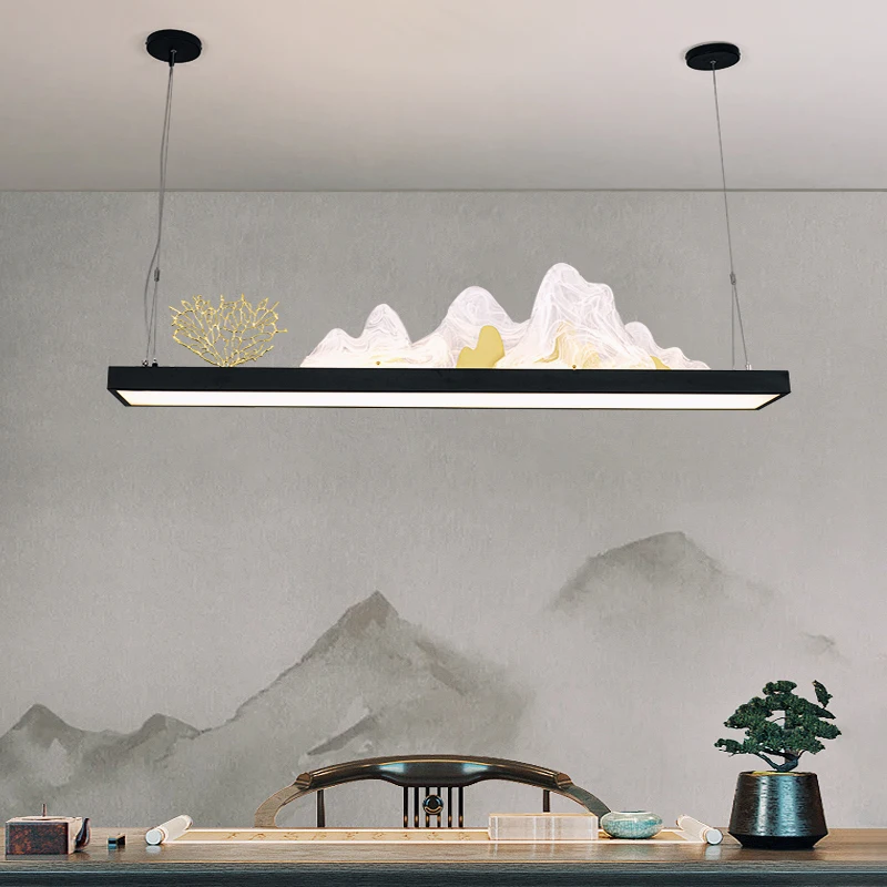 Designer Restaurant Pendant Lamps Long Iceberg Shadow View Zen Bar Table Study Decoration Golden Hanging Light New Chinese Style