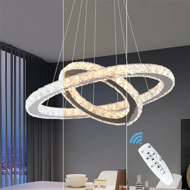 Modern Crystal Rings Led Chandelier Indoor Luxury Ceiling Lamp Dimming And Remote Control Pendan Lighting Chrome Lustre Fixtures