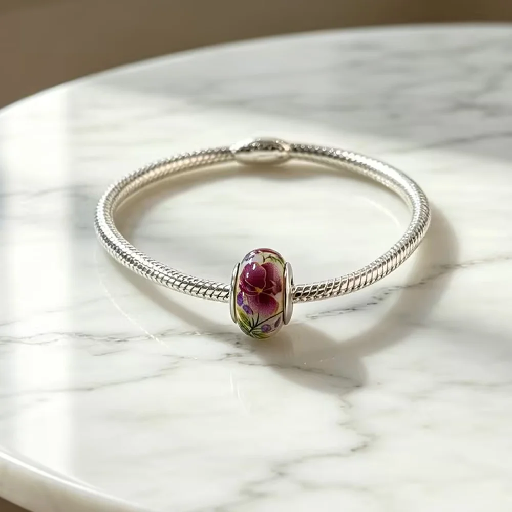 Original S925 Silver Ceramic Floral Charm Bead Fit Snake Chain Bracelet Diy Women Jewelry Gift