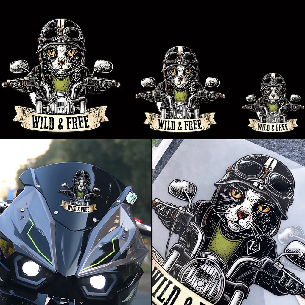 Reflective Wild & Free Cat Rider Sticker Motorcycle Helmet Body Waterproof Decal