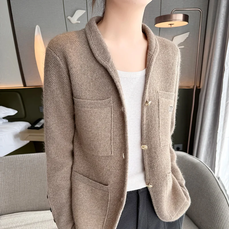 3 colors New women's knitted cardigan, cashmere wool sweater, exquisite high-end jacket, women's stand collar, 100% wool sweater