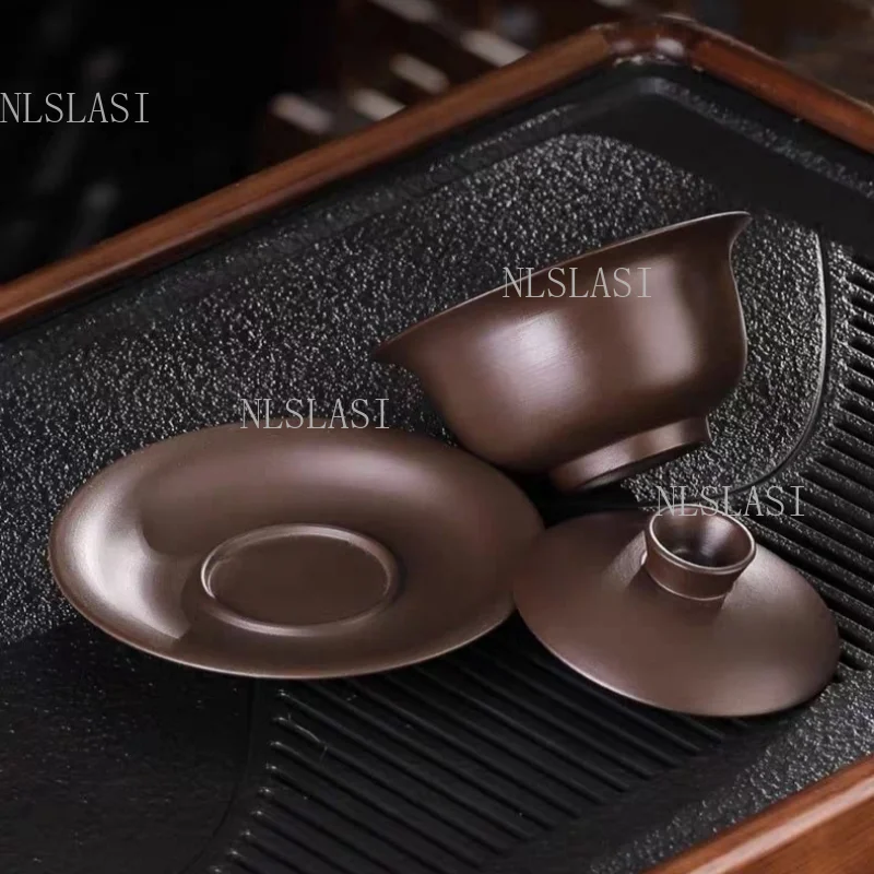 180ml Purple Clay Sancai Gaiwan Yixing Zisha Teacup with Lid and Saucer Chinese Kung Fu Tea Brewing Bowl Tea Ceremony Drinkware