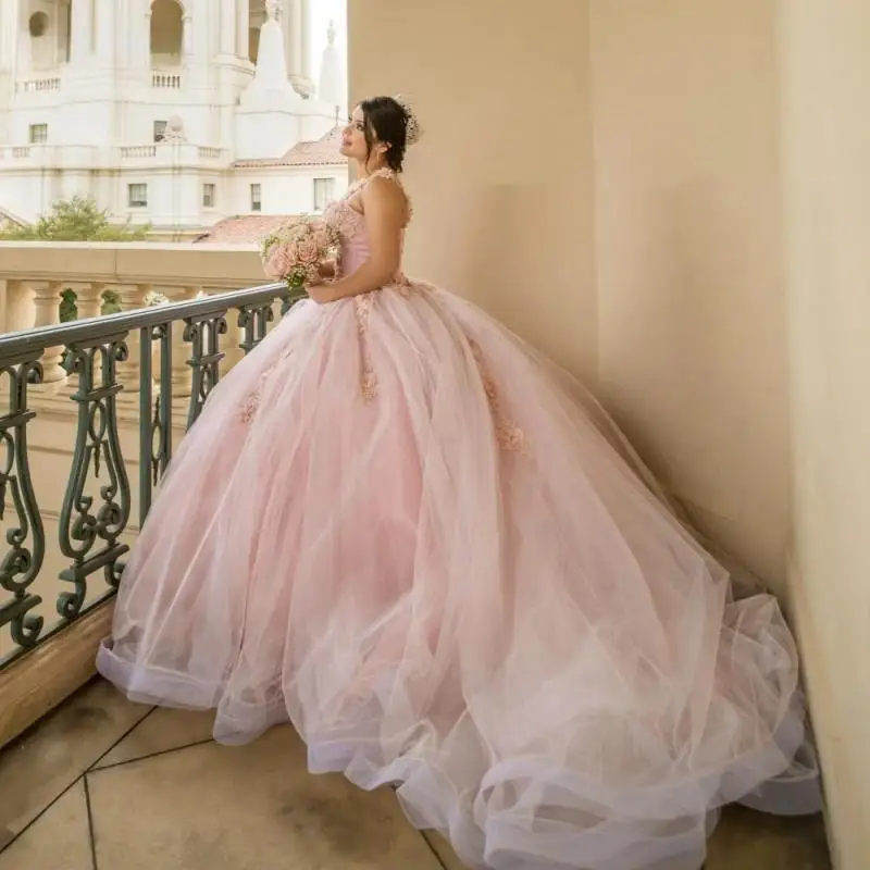 Glitter Pink Quinceanera Dress Ball Gown One Shoulder Applique Beading Sweet 16 Vestidos De 15 Años Customized