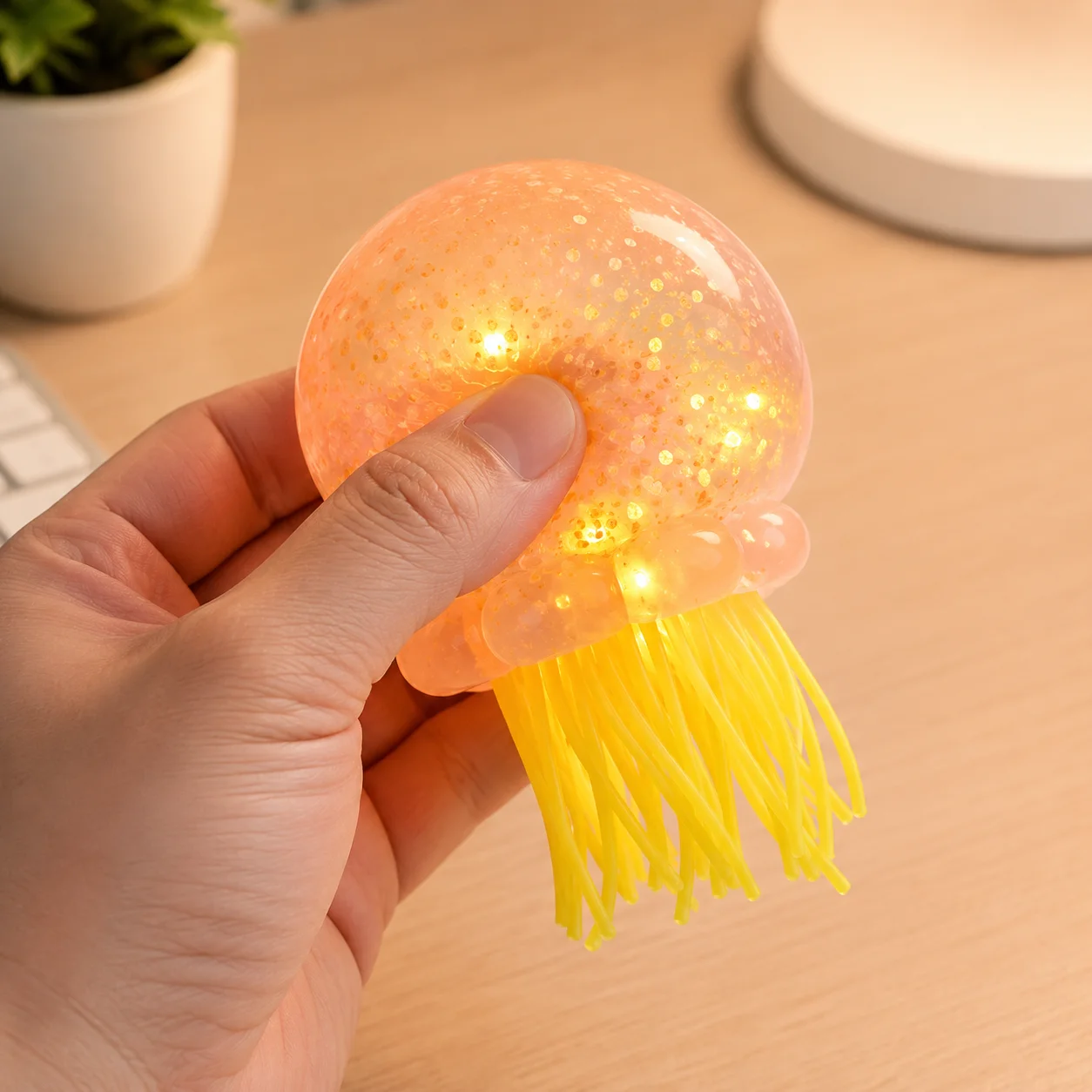 Brinquedo de medusa transparente com lantejoulas de 4 cores e tentáculos de silicone macios e elásticos. Brinquedo fofo anti-stress com luzes LED que brilham quando apertado, perfeito como um presente fofo para aniversários, festas, Natal e Halloween.