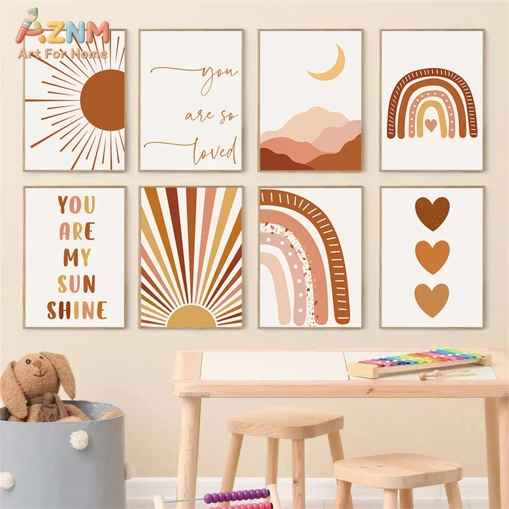 AZNM Boho Sun Moon Rainbow Canvas Wall Art, Neutral Terracotta You Are My Sunshine Quote Print Poster, Unframed Single Piece Nur