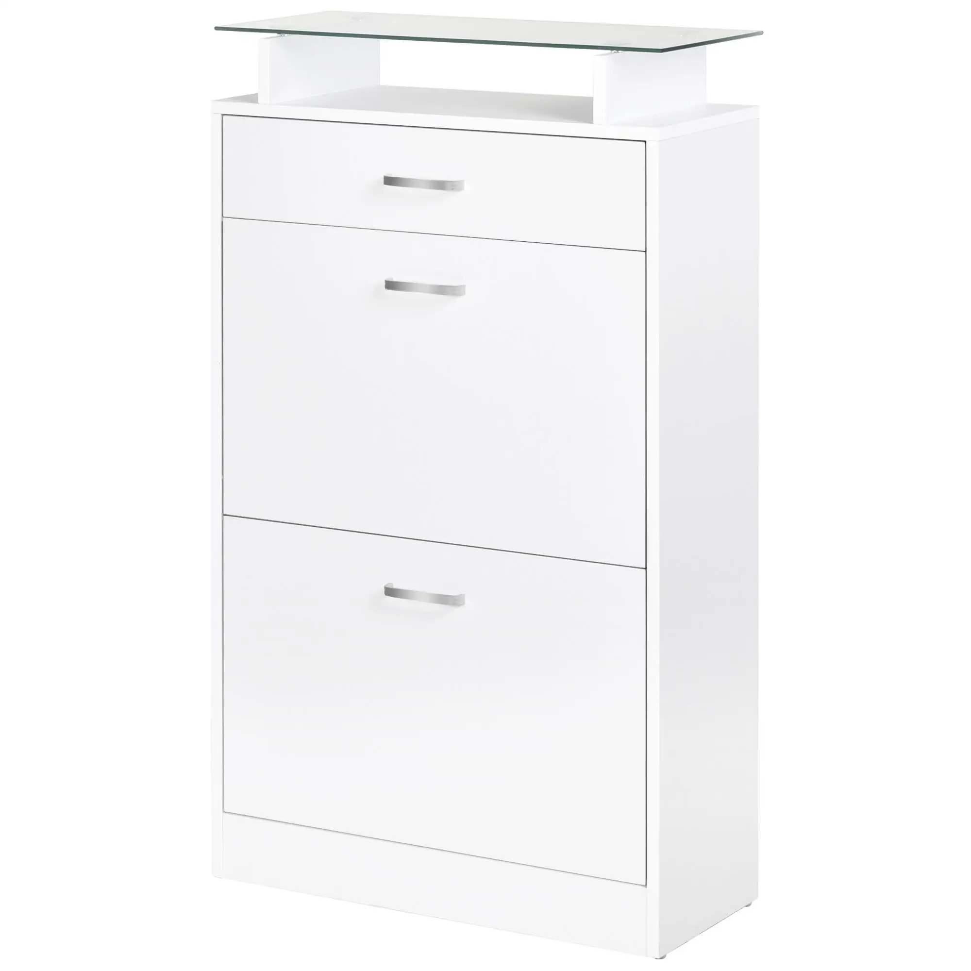 Armoire Zapatero en métal blanc 60x24x105,5 cm avec 3 tiroirs, dessus en verre et poignées en aluminium