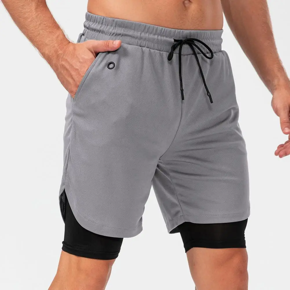 

Fake Two Piece Sport Shorts Loose Towel Hanging Hole Fitness Shorts Stretchy Double Layers Quick Drying Running Shorts For Men