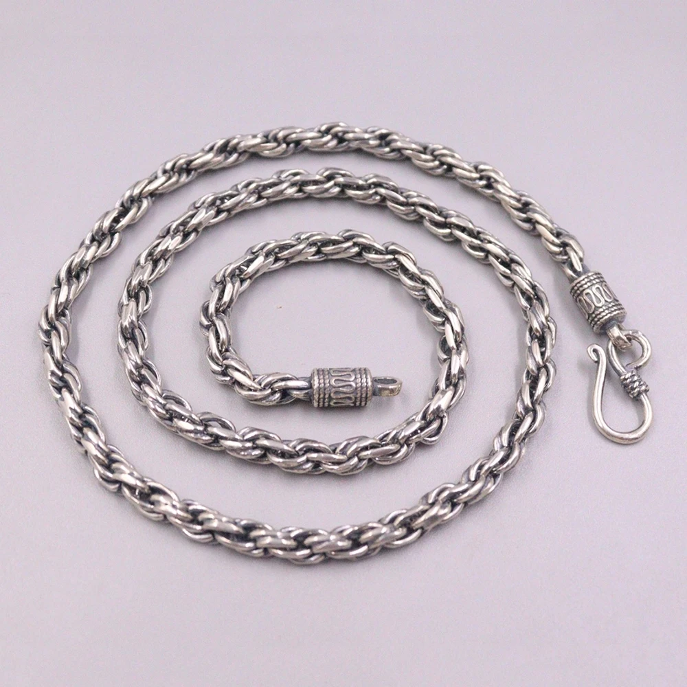 Real Solid 925 Sterling Silver Chain Men Lucky 4.5mm Twist Rope Necklace 42-43g/50cm