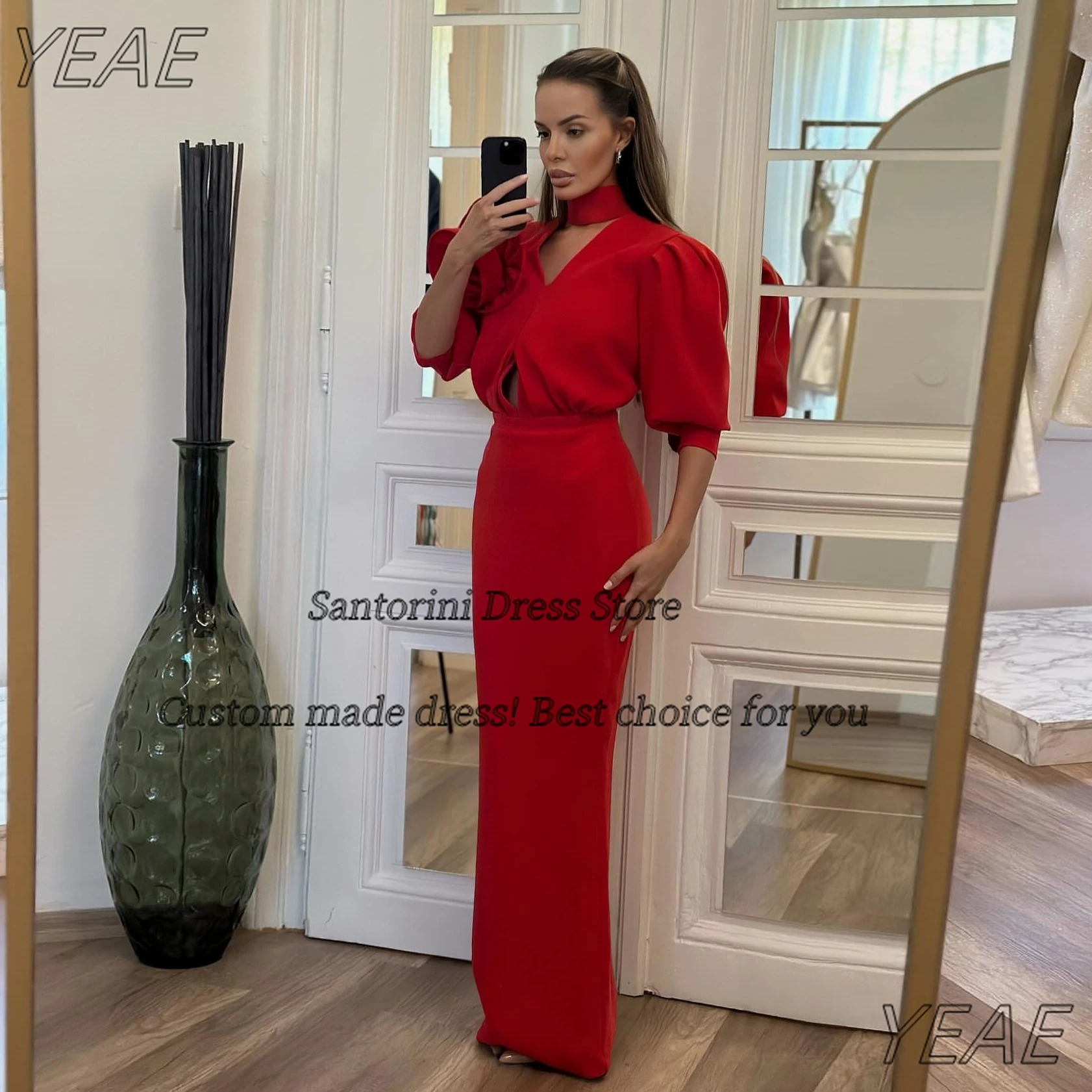 Санторини Красные платья для выпускного вечера с цветочными рукавами Вечернее платье Саудовские женщины носят длинные элегантные вечерние свадебные платья по индивидуальному заказу