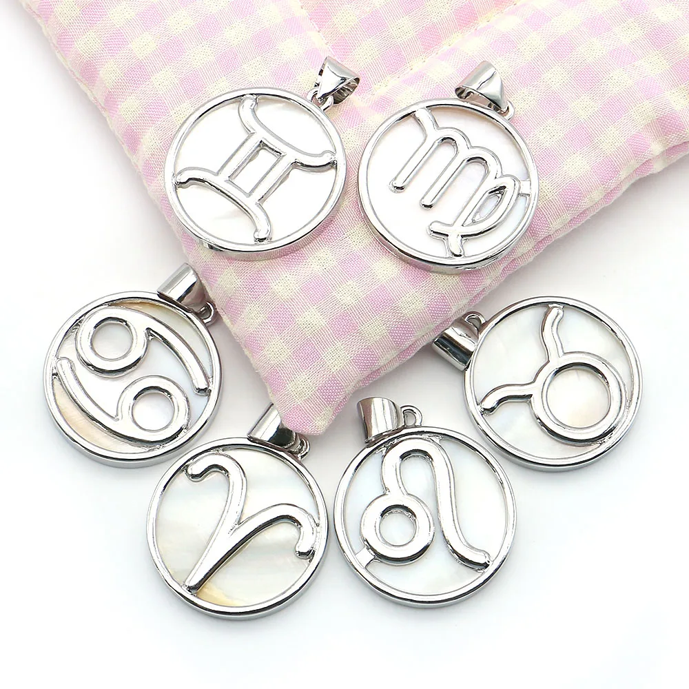 

Round 12 Zodiac Imitation Shell Inlaid Pendant Electroplated Silver-color Edge Wrapped Handmade Unisex Necklace Earrings Gift