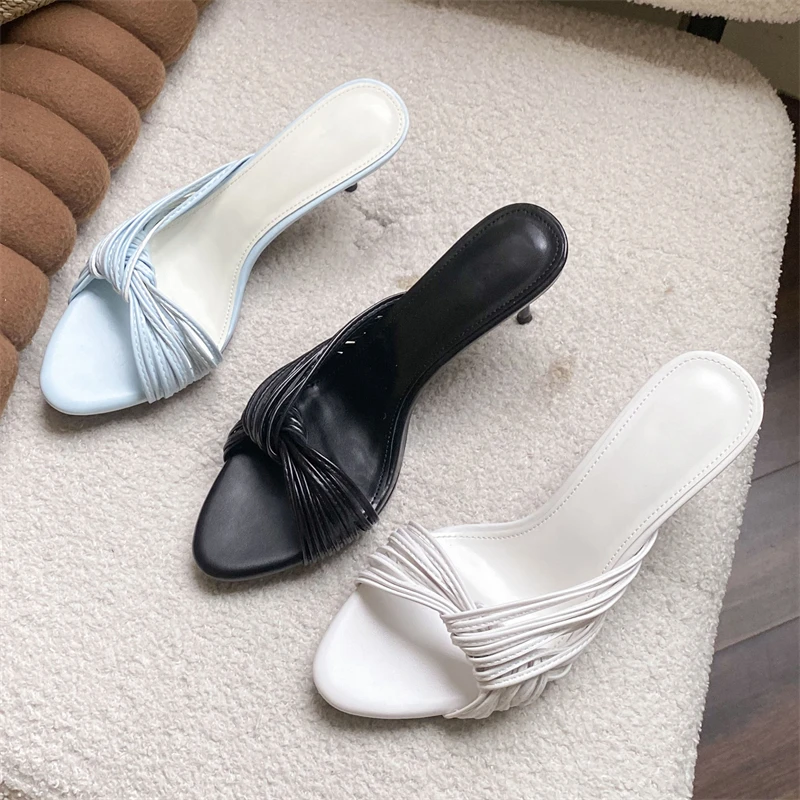 

Aneikeh Elegant Women Thin Strap Kitten Heel Mules Open Toe Slip on Sandals Black White Blue Casual Summer Party Slides Shoes