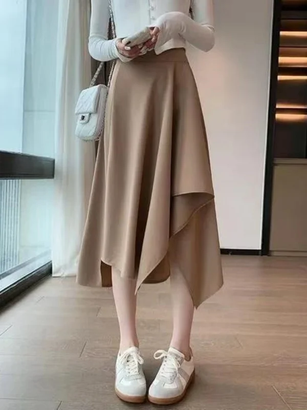 

High Waist A-Line Midi Skirt Asymmetrical Hem Korean Style Commute Polyester Fiber Summer New Arrival plus Size Skirts