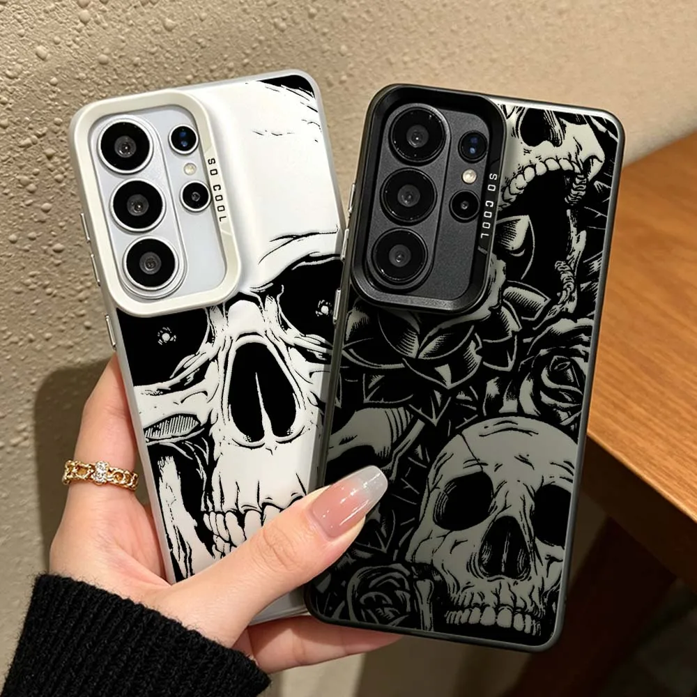 Minimalist Art Skull Pattern Cover For Samsung Galaxy S26 S25 S24 S23 S22 S21 S20 FE Ultra Plus Colorful Silver Phone Case