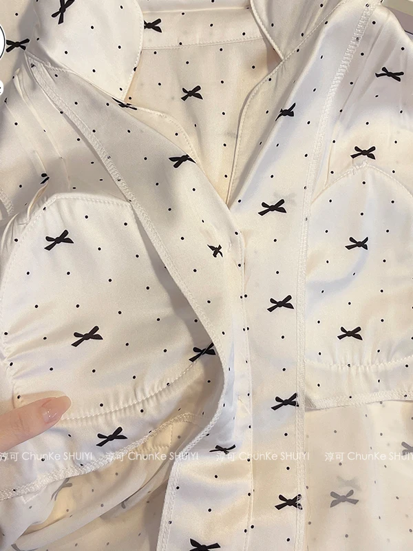 Sweet Girl Bow Short Sleeve Ice Silk Pajamas for Women Summer Thin with Chest Pad Japanese Style Ins  Homewear Three-Piece Set