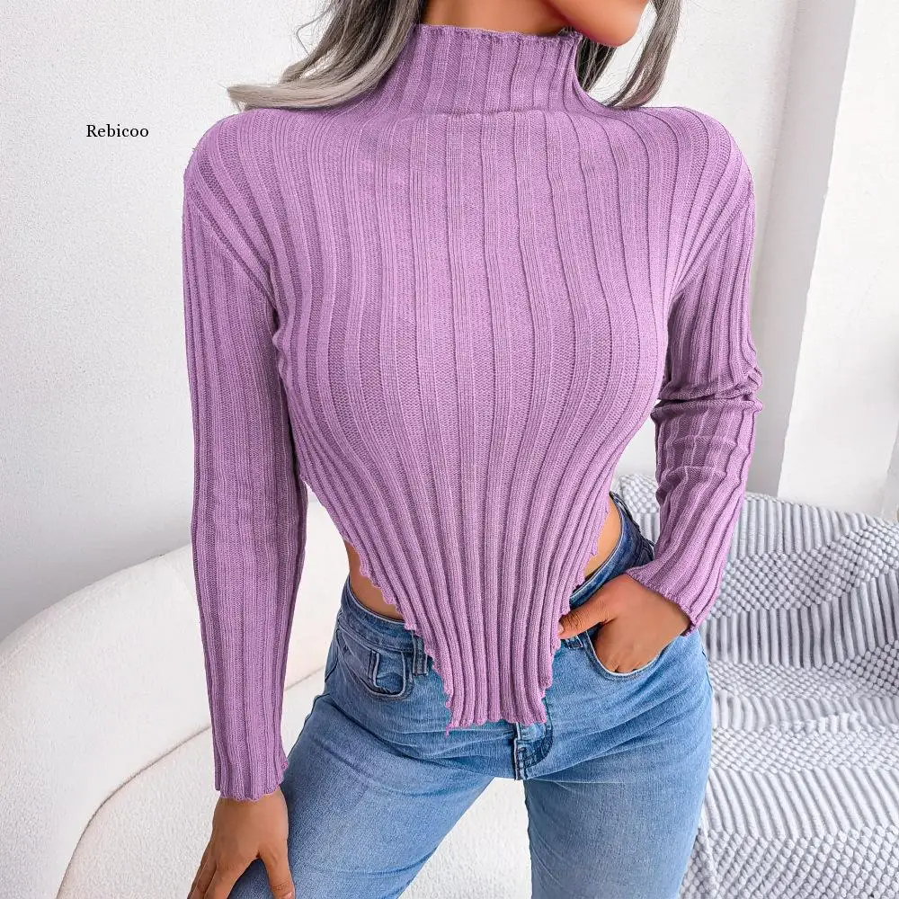 Sweaters For Women Fashion 2022 Autumn Long Sleeve Fashion Knitted Sweater Womens Stand Collar Plain Slim Fit Top White Purple