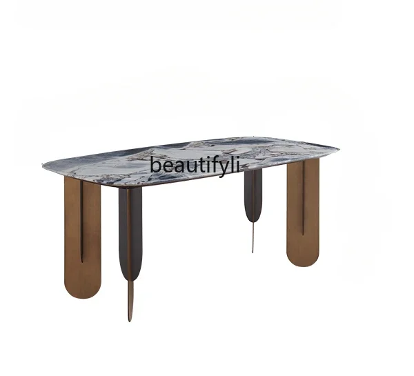 

Natural luxury stone dining table high sense rectangular household dining table light luxury minimalist dining table living room