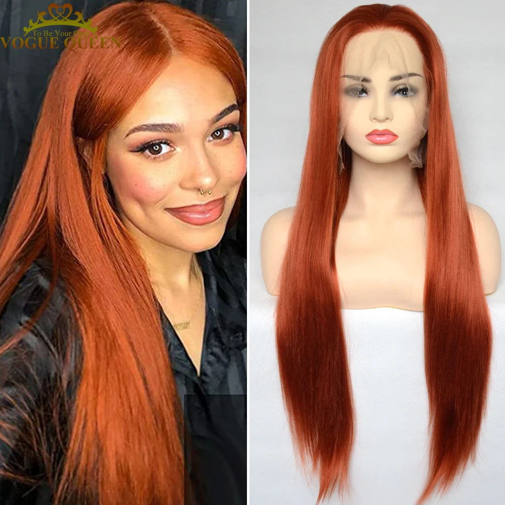 Voguequeen Copper Red Synthetic Lace Front Wig Silky Straight Heat Resistant Fiber Daily Wear For Women