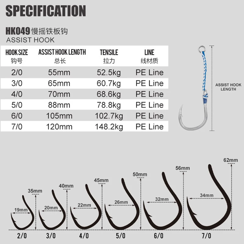 2pcs/bag High Carbon Steel Slow Single Hook Sea Fishing Hook Saltwater Fishing Metal Jigging Assist Hooks