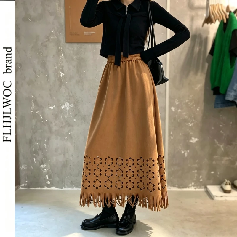 Retro Vintage Suedette‌ Skirts Autumn Winter Woman Cute Girls A‑Line High Waist A Line Casual Black Skirt for Daily Wear