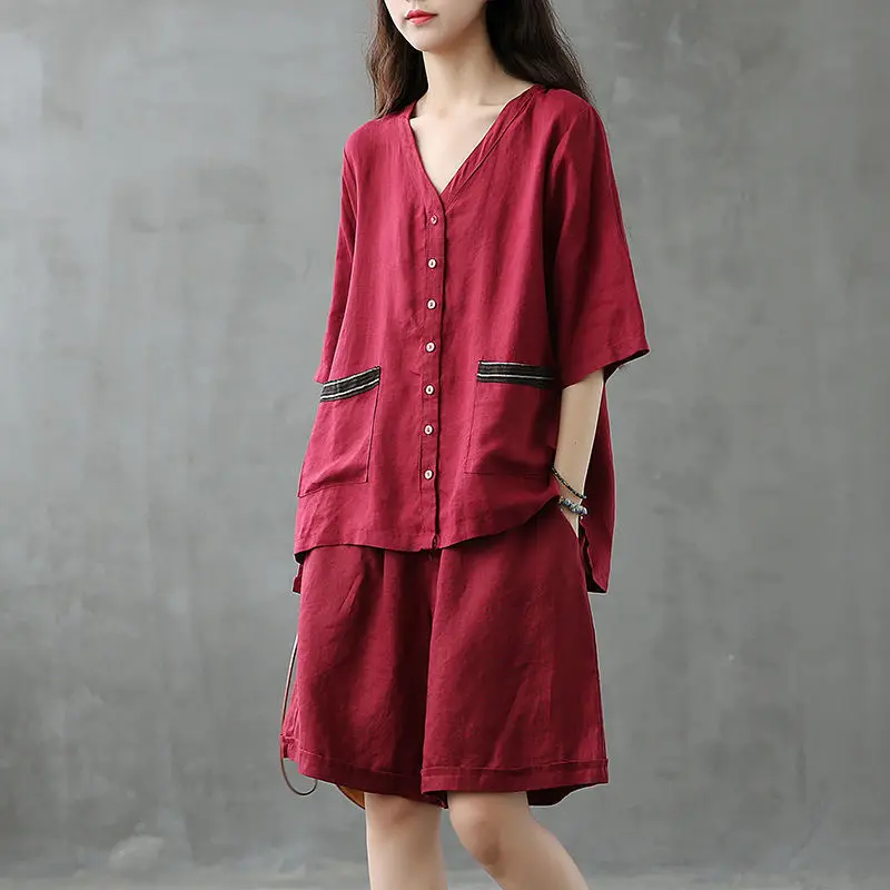 Cotton and Linen Jacket Loose Shorts Ms. 2024  in The Summer Western Style Large Size Suit Two-piece Literary and Artistic Style