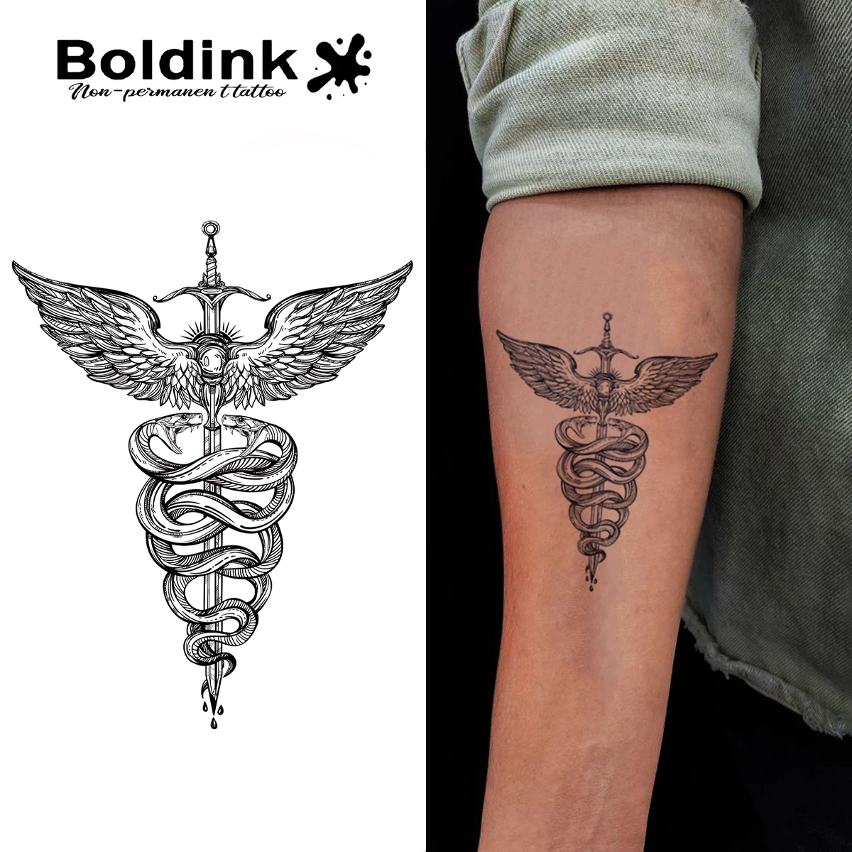 

Временная татуировка с дизайном меча кадуцей Boldink, последние до 15 дней, новая технология, волшебная водонепроницаемая полуперманентная наклейка.
