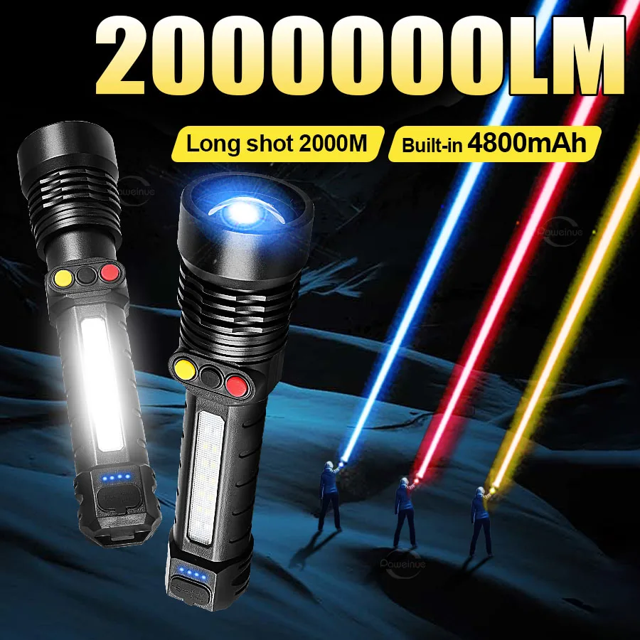

2000000LM Портативный перезаряжаемый светодиодный фонарик 4800 мАч Встроенный аккумулятор Супер яркий фонарь 10 режимов Рабочая лампа Тактический фонарь