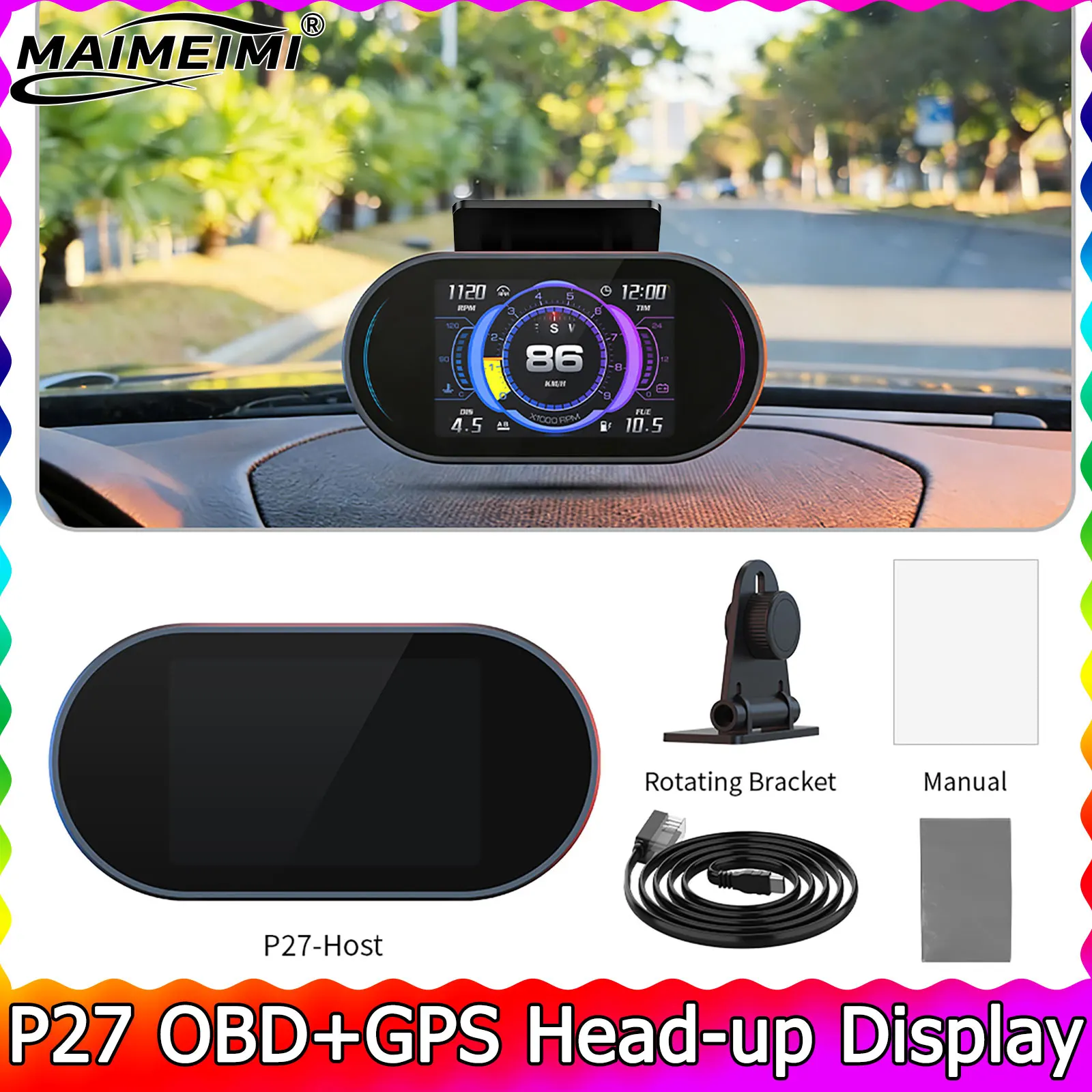 

P27 HUD Датчик Автомобильный Многофункциональный OBD + GPS Инструмент Спидометр Температура воды Тахометр Расхождение топлива Температура масла AFR