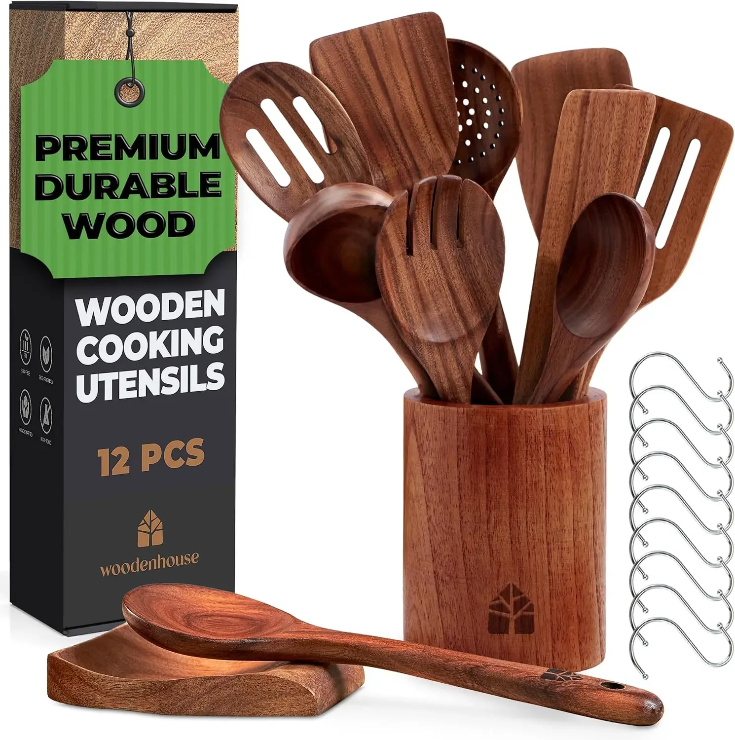 

Wooden Spoons for Cooking Wooden Cooking Utensils Set with Holder Spoon Rest & Hooks Teak Wood Nonstick Kitchen Cookware