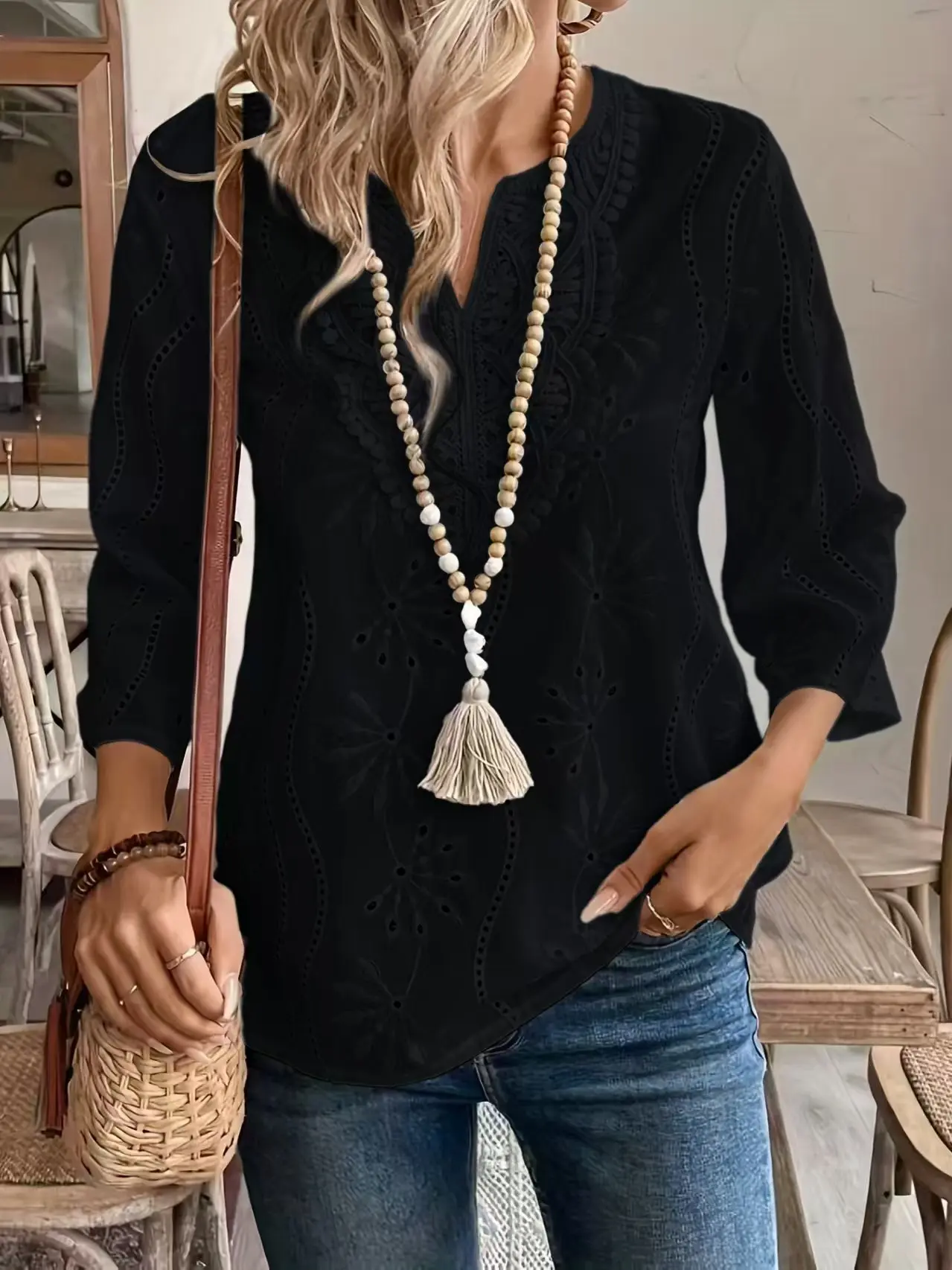 Fall Women Clothes Women's Solid Color Notched-Neck Long Sleeve Simple Casual Blouse, Three Quarter Sleeve Tops