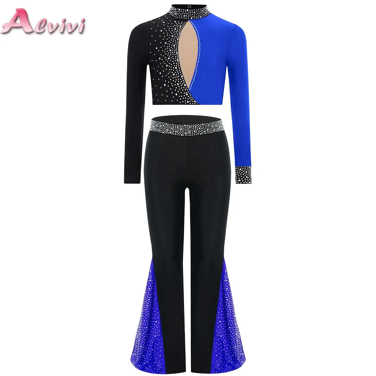 

Kids Girls Lyrical Dance Costume Sparkly Rhinestones Crop Top+Bell-Bottomed Pants Figure Skating Dancewear Set for Performance