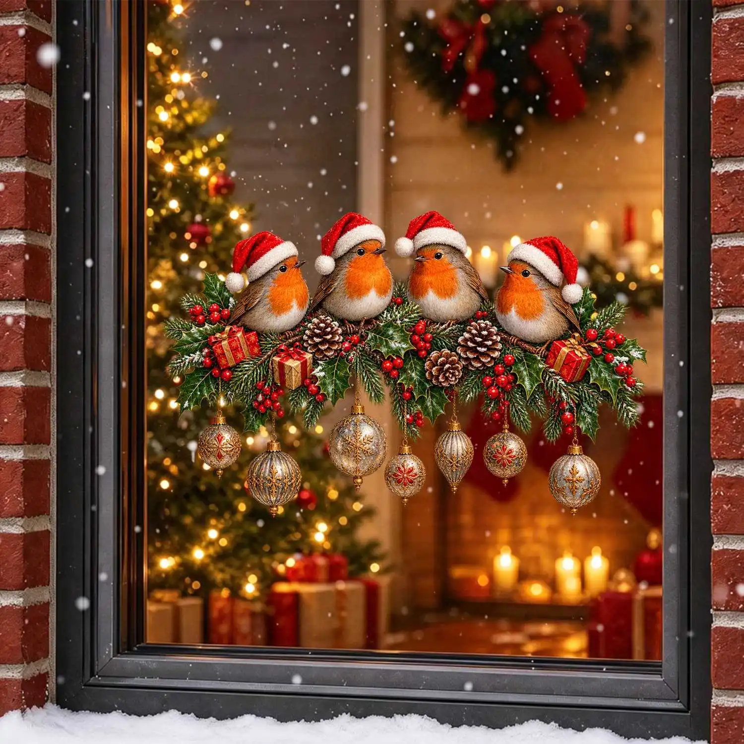 Christmas Birds in Santa Hats and Red Berry Branches Window Sticker Self-adhesive Wall Stickers Door Glass Vinyl Decal