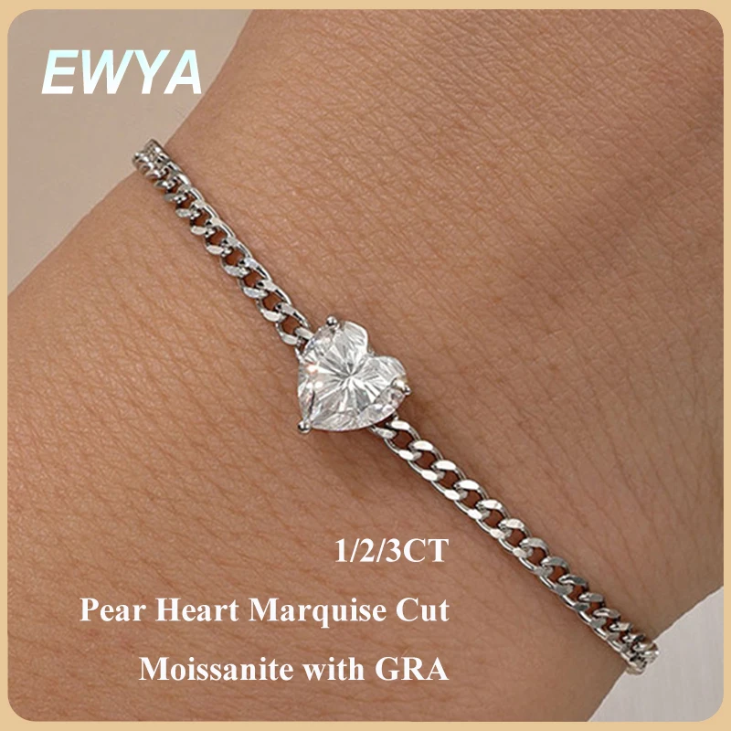 

EWYA Pear Heart Cut Solitaire Moissanite Link Bracelet 1/2/3CT for Women S925 Silver Lab Diamond Bridal Party Wrist Chain Gift